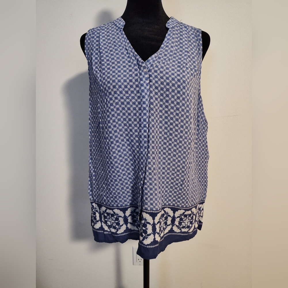 Ava Christine - Blue Sleeveless Bohemian Buttondown Blouse - Large